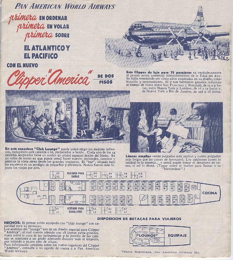 1949, November, A Spanish language ad for the Boeing B377 Stratocruiser from a Pan American timetable.